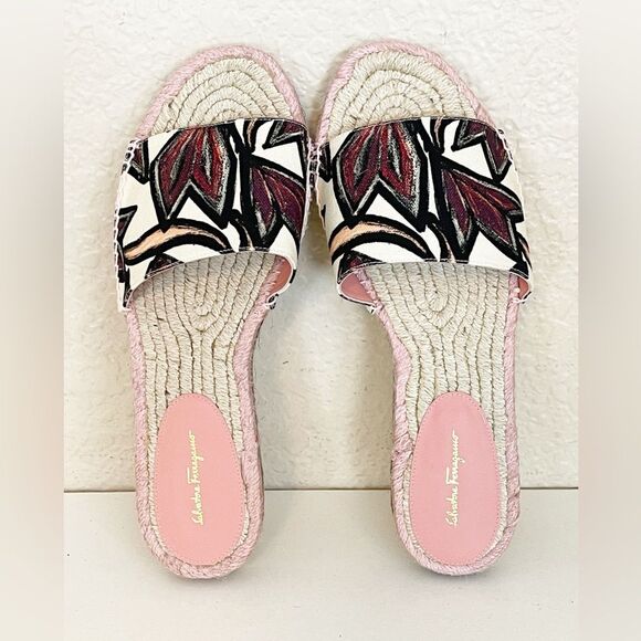 Salvatore Ferragamo pink floral canvas espadrille slides Women's Size 10.5 - Picture 8 of 12